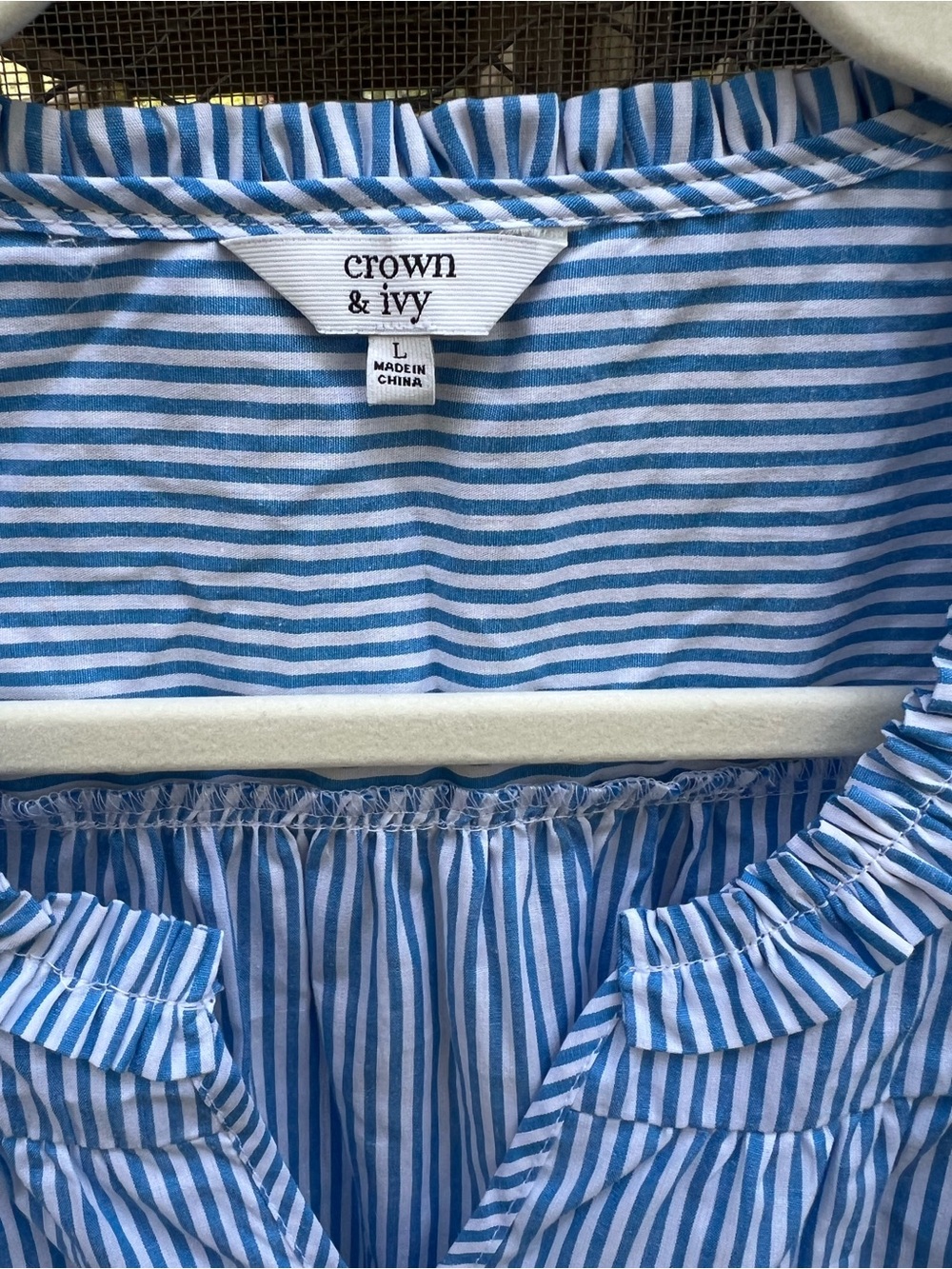 crown & ivy Blue and White Striped Ruffle Neck Sleeveless Camisole - Picture 2 of 3